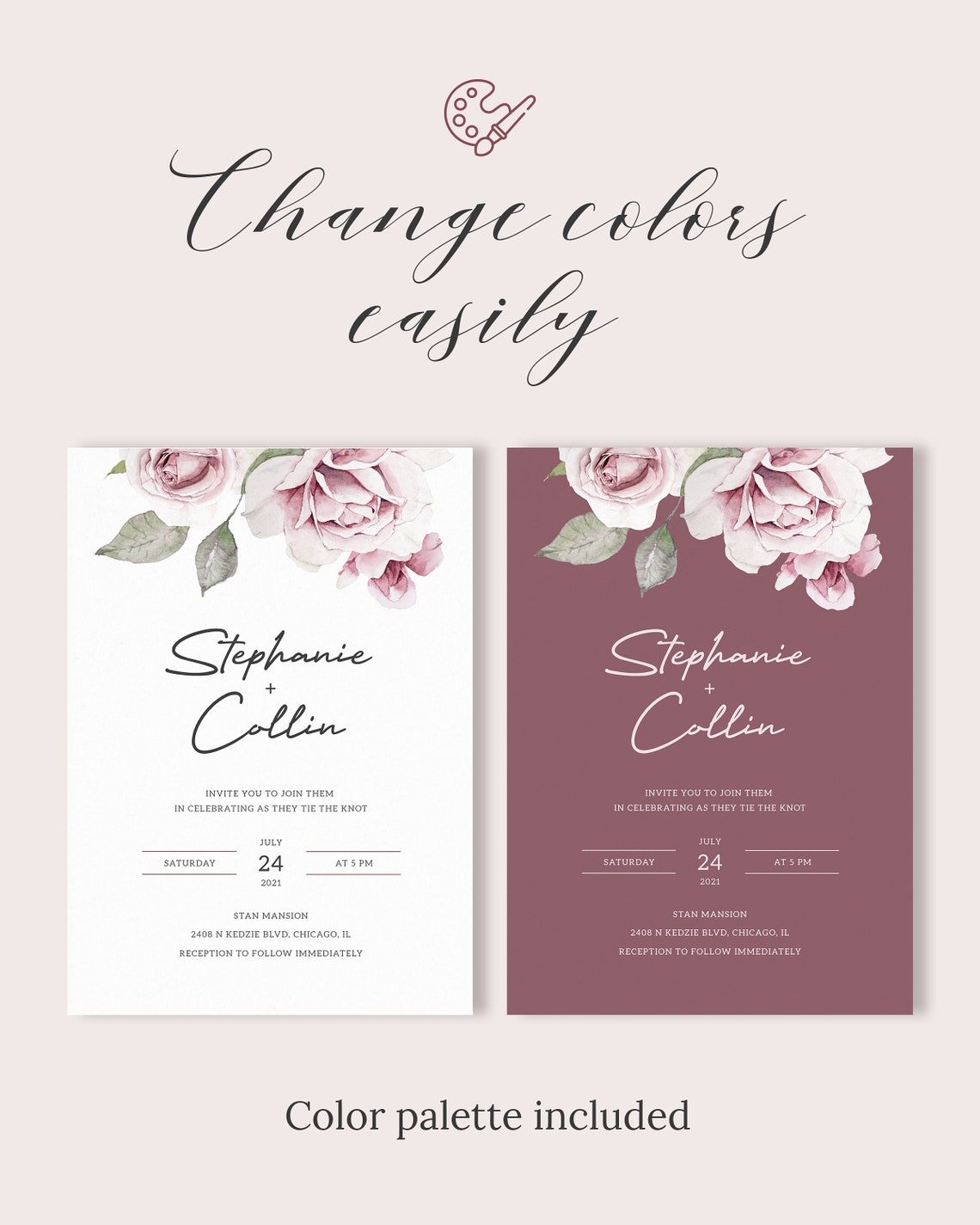 Dusty Rose Wedding Invitation Template. Printable Pink Floral Wedding