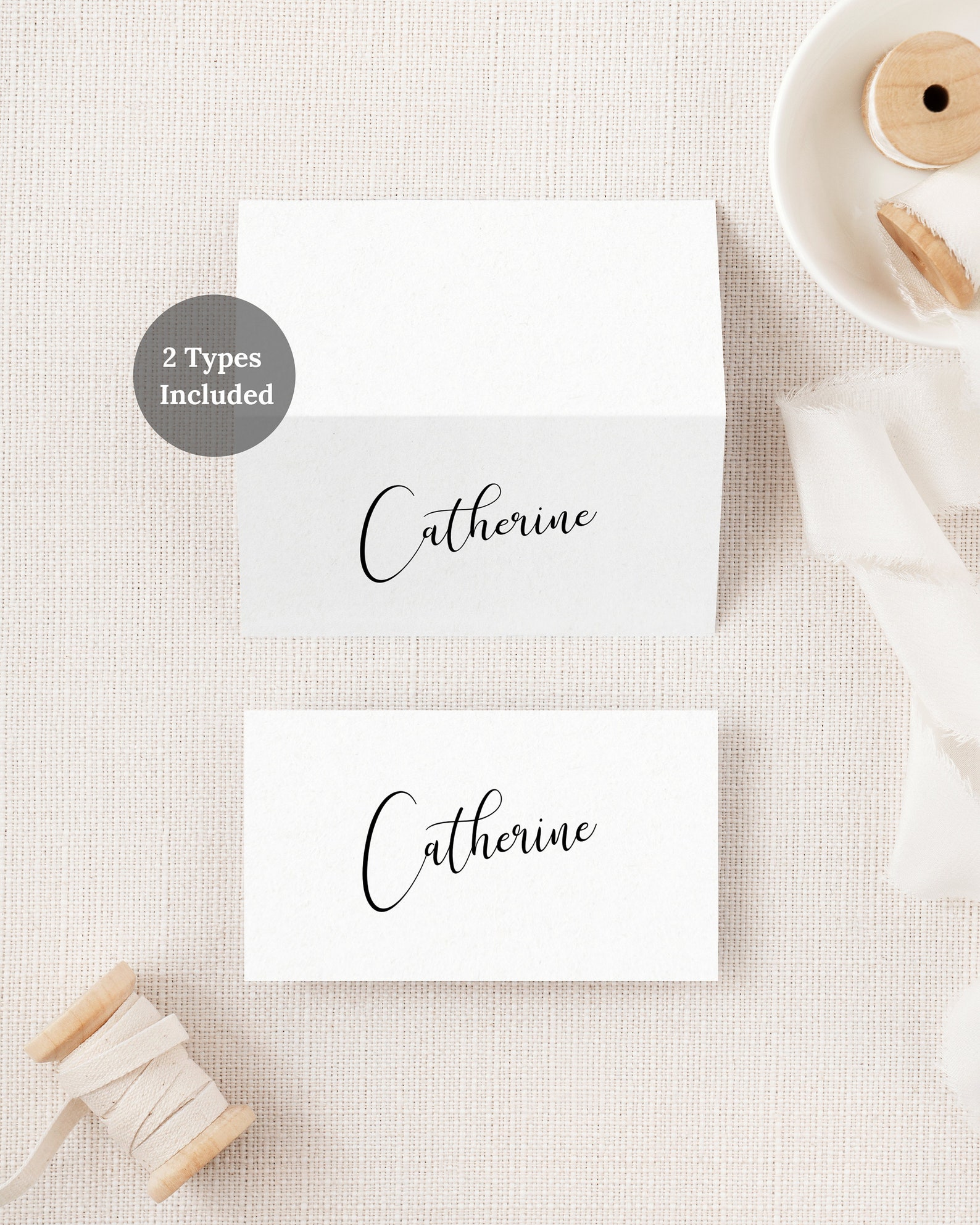 Calligraphy Wedding Place Card Template. Elegant Black and White