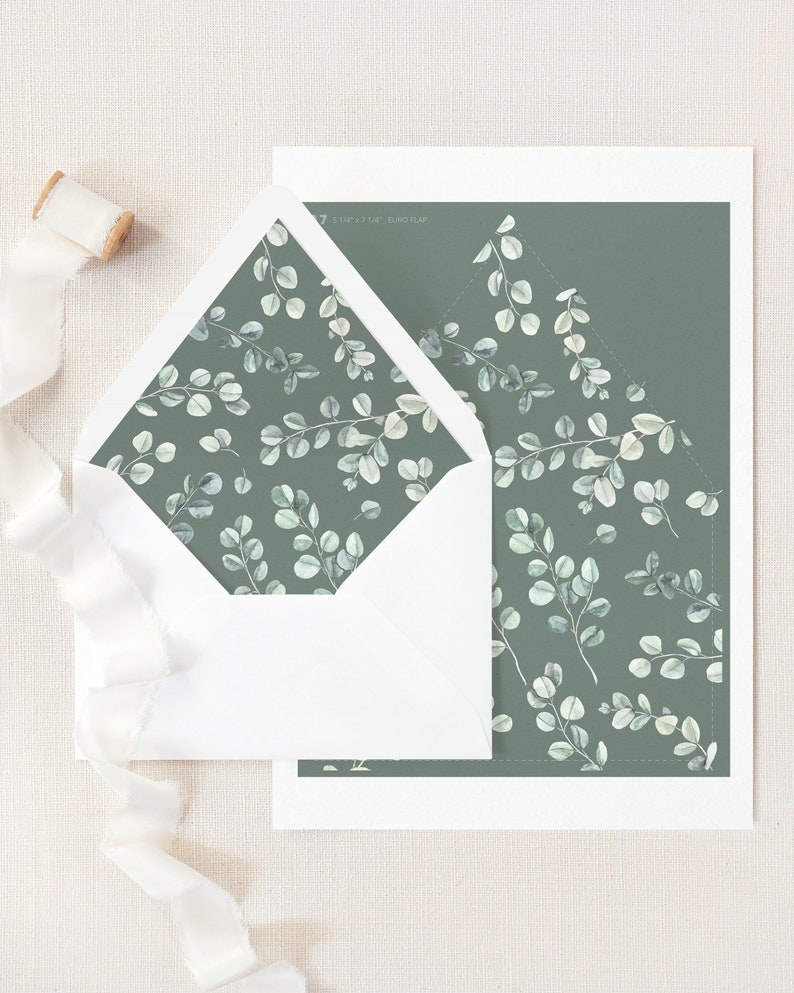 Eucalyptus Wedding Envelope Liner Template. A7 Watercolor Greenery Wedding Envelope Liner. Printable Sage Green Garden Wedding Liner. EL19 image 3