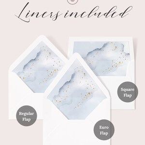 Abstract Watercolor Wedding Envelope Liner Template. Dusty Blue and Faux Gold Wedding Envelope Liner. A7 Winter Wedding Envelope Liner. WB19 image 2