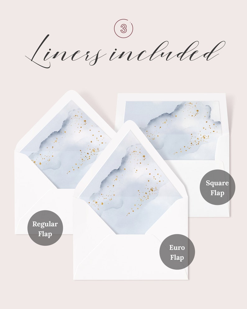 Abstract Watercolor Wedding Envelope Liner Template. Dusty Blue and Faux Gold Wedding Envelope Liner. A7 Winter Wedding Envelope Liner. WB19 image 2