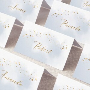 Abstract Watercolor Wedding Place Card Template. Dusty Blue & Faux Gold Foil Printable Wedding Escort Cards. Winter Wedding Name Cards. WB19 image 2