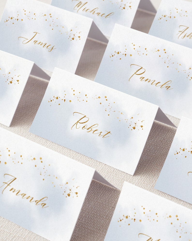 Abstract Watercolor Wedding Place Card Template. Dusty Blue & Faux Gold Foil Printable Wedding Escort Cards. Winter Wedding Name Cards. WB19 image 2