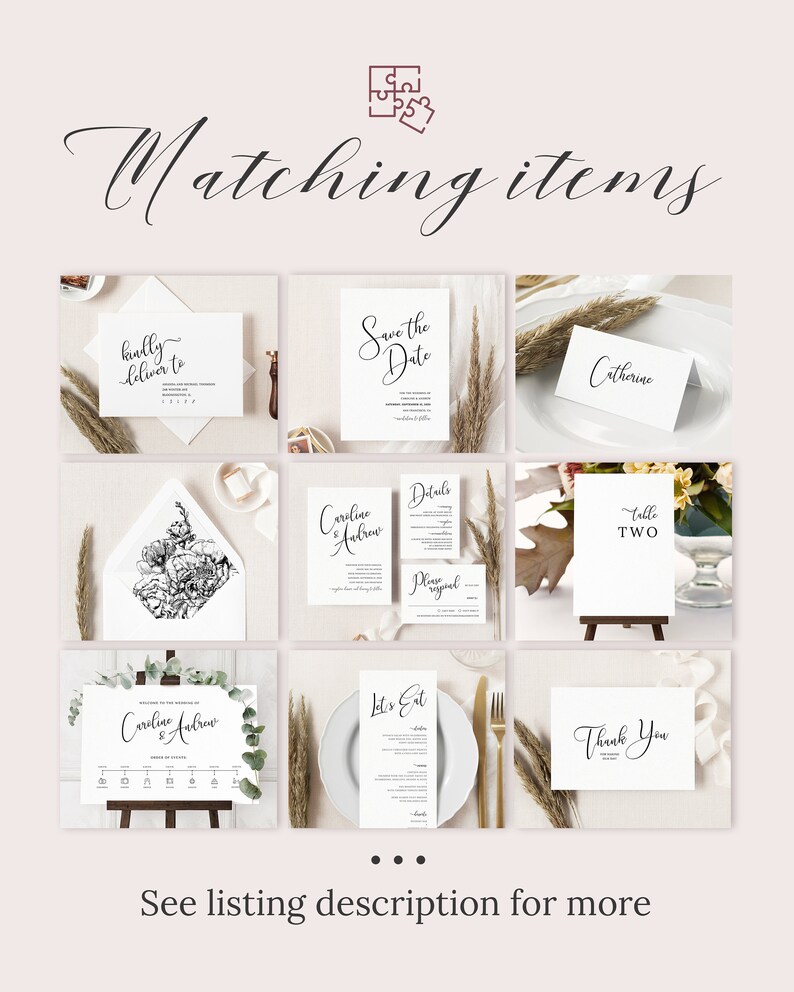 CL19 DIY Modern Minimalist Wedding Dinner Menu Calligraphy Wedding Menu Template elegant Black and White Wedding Printable Menu Cards