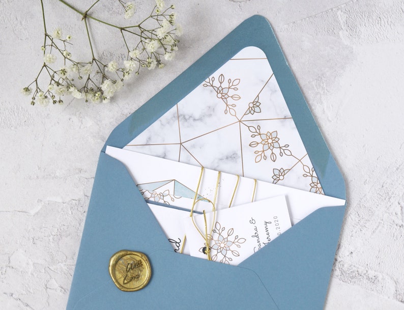 Modern Calligraphy Wedding Invitation Template Light Blue Geometric Wedding Invitation Suite BH19 Faux gold and Marble Wedding Invite
