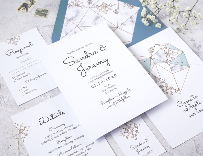 Modern Calligraphy Wedding Invitation Template Light Blue Geometric Wedding Invitation Suite BH19 Faux gold and Marble Wedding Invite