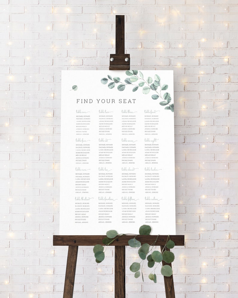 EL19 Watercolor Greenery Wedding Seating Plan Template Sage Green Garden Wedding Seating Chart Eucalyptus Wedding Seating Chart Template