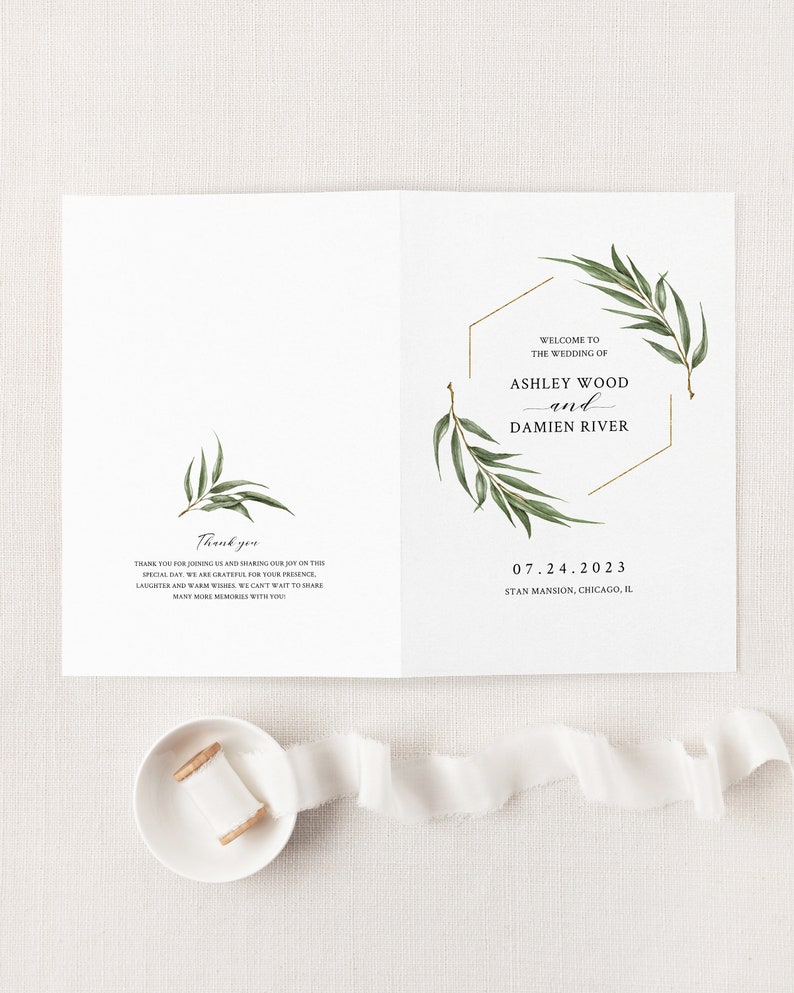 Willow Eucalyptus Wedding Program Template, Greenery Wedding Folded Ceremony Program, Printable Rustic Boho Wedding Program. WE21 image 2