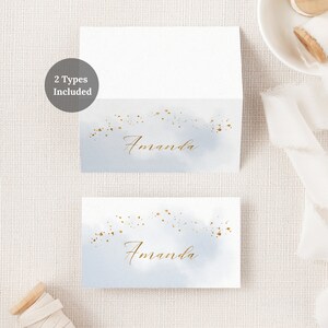 Abstract Watercolor Wedding Place Card Template. Dusty Blue & Faux Gold Foil Printable Wedding Escort Cards. Winter Wedding Name Cards. WB19 image 4