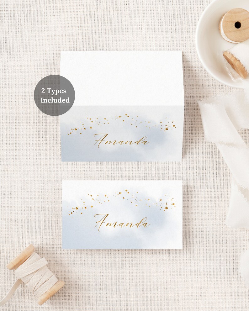 Abstract Watercolor Wedding Place Card Template. Dusty Blue & Faux Gold Foil Printable Wedding Escort Cards. Winter Wedding Name Cards. WB19 image 4