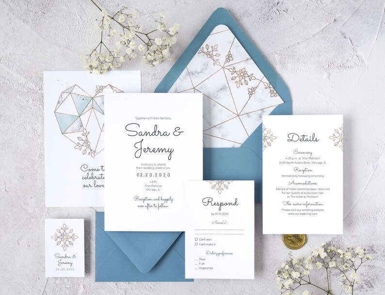 Modern Calligraphy Wedding Invitation Template Light Blue Geometric Wedding Invitation Suite BH19 Faux gold and Marble Wedding Invite