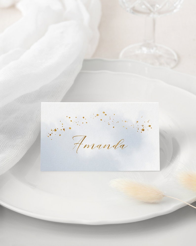 Abstract Watercolor Wedding Place Card Template. Dusty Blue & Faux Gold Foil Printable Wedding Escort Cards. Winter Wedding Name Cards. WB19 image 1