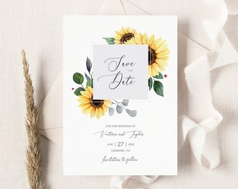 Sunflower Save the Date Template, Printable Boho Wedding Announcement Cards, Floral Rustic Wedding Save the Dates, Fall Wedding Card. SF20