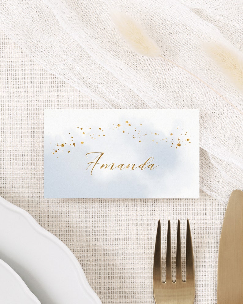 Abstract Watercolor Wedding Place Card Template. Dusty Blue & Faux Gold Foil Printable Wedding Escort Cards. Winter Wedding Name Cards. WB19 image 3