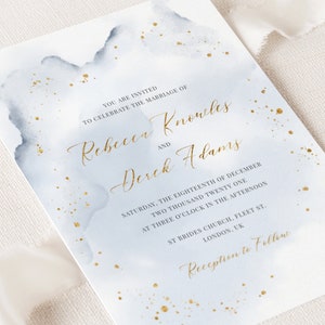 Abstract Watercolor Wedding Invitation Template. Dusty Blue and Faux Gold Foil Wedding Invitation. DIY Modern Winter Wedding Invite. WB19 image 2