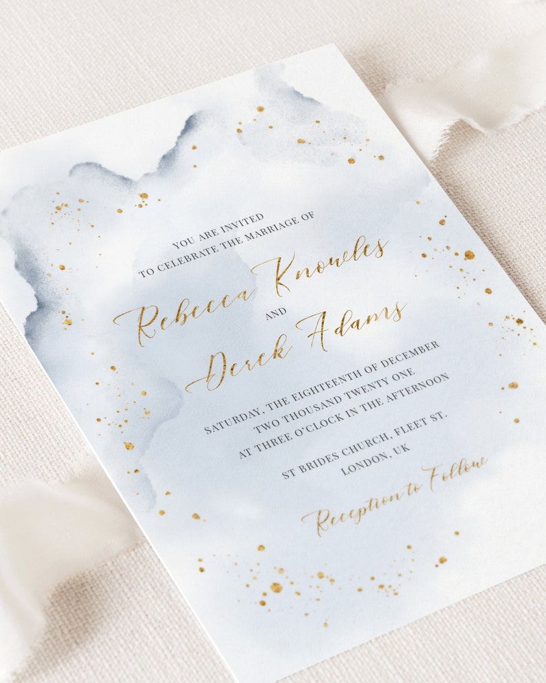 Abstract Watercolor Wedding Invitation Template. Dusty Blue and Faux Gold Foil Wedding Invitation. DIY Modern Winter Wedding Invite. WB19 image 2