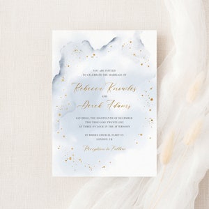 Abstract Watercolor Wedding Invitation Template. Dusty Blue and Faux Gold Foil Wedding Invitation. DIY Modern Winter Wedding Invite. WB19 image 1