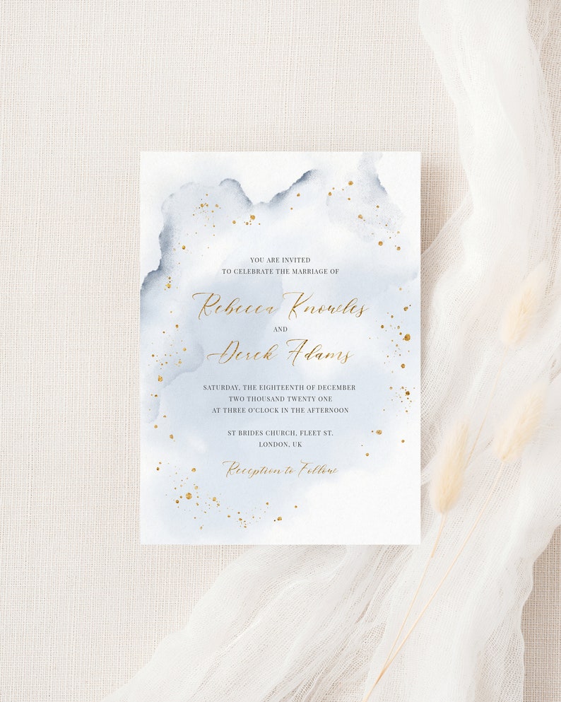 Abstract Watercolor Wedding Invitation Template. Dusty Blue and Faux Gold Foil Wedding Invitation. DIY Modern Winter Wedding Invite. WB19 image 1