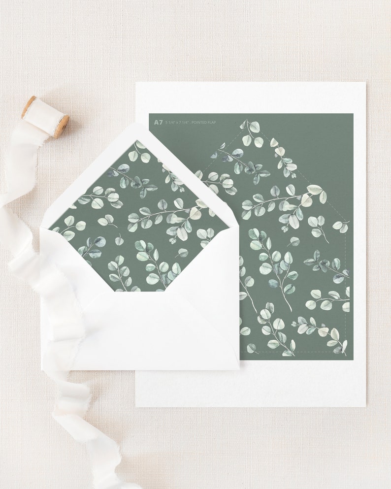 Eucalyptus Wedding Envelope Liner Template. A7 Watercolor Greenery Wedding Envelope Liner. Printable Sage Green Garden Wedding Liner. EL19 image 4