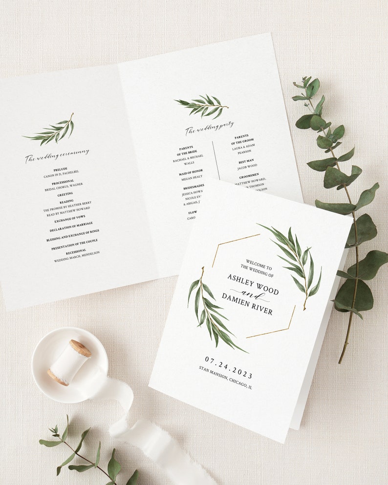 Willow Eucalyptus Wedding Program Template, Greenery Wedding Folded Ceremony Program, Printable Rustic Boho Wedding Program. WE21 image 1