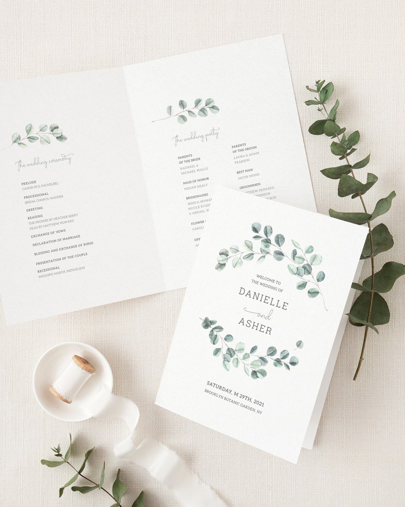 Eucalyptus Wedding Program Template, Watercolor Greenery Wedding Folded Ceremony Program, Sage Green Printable Garden Wedding Program. EL19 image 1