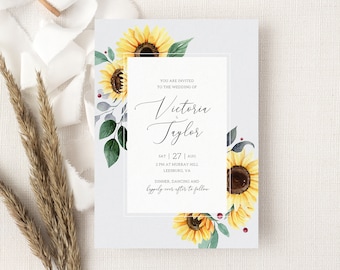 Sunflower Wedding Invitation Template, Printable Rustic Invites for Fall Wedding, Floral Boho Wedding Invitation Card, Instat Download. SF20