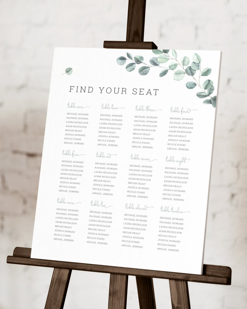 EL19 Watercolor Greenery Wedding Seating Plan Template Sage Green Garden Wedding Seating Chart Eucalyptus Wedding Seating Chart Template