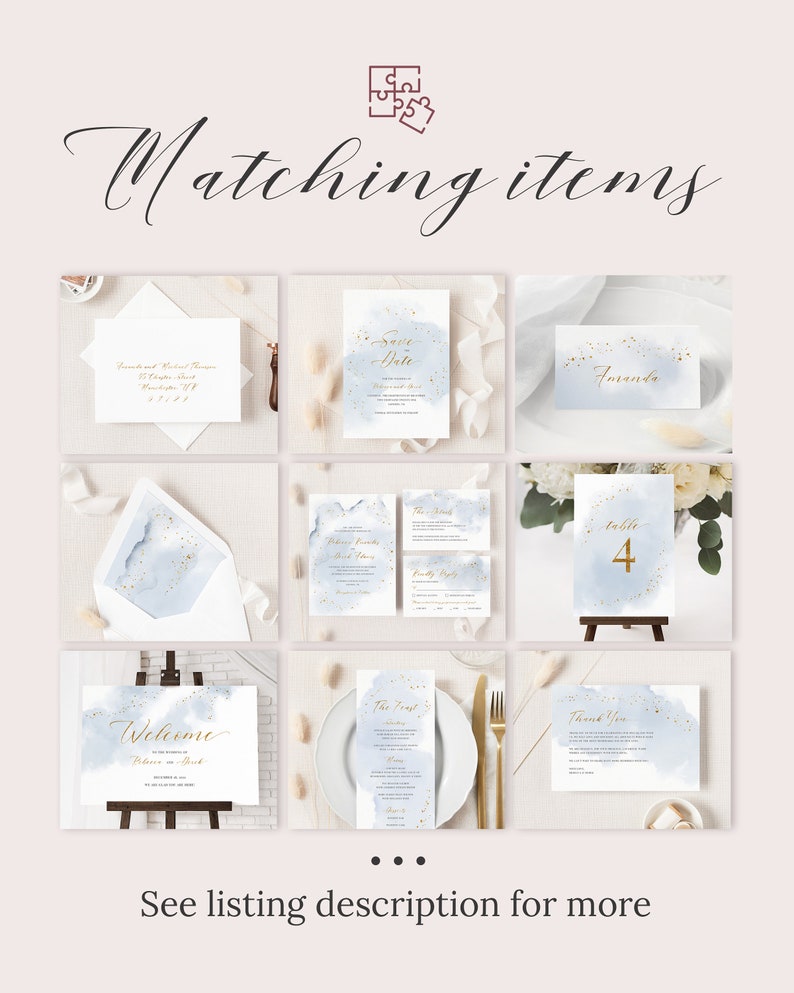 Abstract Watercolor Wedding Invitation Template. Dusty Blue and Faux Gold Foil Wedding Invitation. DIY Modern Winter Wedding Invite. WB19 image 7