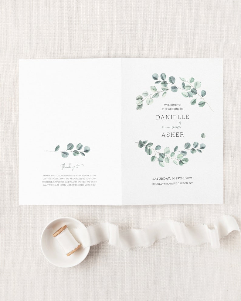 Eucalyptus Wedding Program Template, Watercolor Greenery Wedding Folded Ceremony Program, Sage Green Printable Garden Wedding Program. EL19 image 2