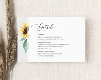 Sunflower Wedding Details Card Template, Rustic Fall Wedding Invitation Insert, Printable Boho Wedding Details, Instant Download. SF20