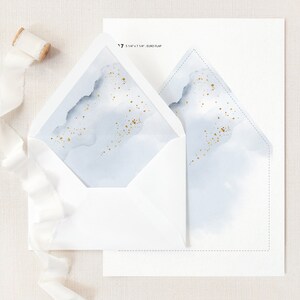 Abstract Watercolor Wedding Envelope Liner Template. Dusty Blue and Faux Gold Wedding Envelope Liner. A7 Winter Wedding Envelope Liner. WB19 image 3