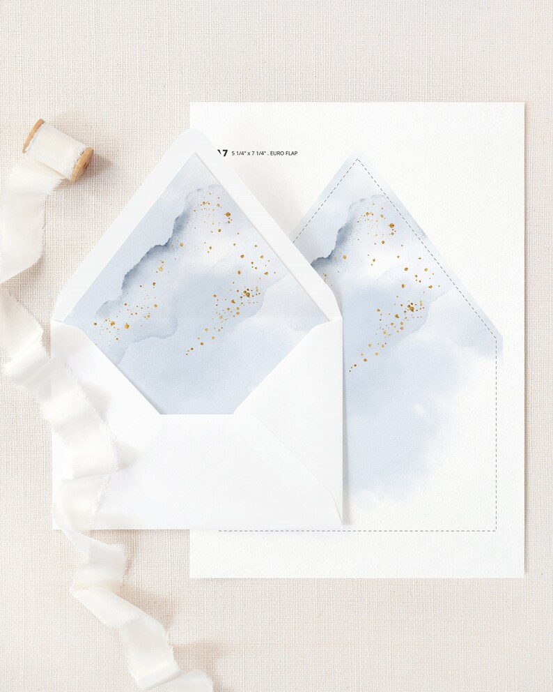 Abstract Watercolor Wedding Envelope Liner Template. Dusty Blue and Faux Gold Wedding Envelope Liner. A7 Winter Wedding Envelope Liner. WB19 image 3