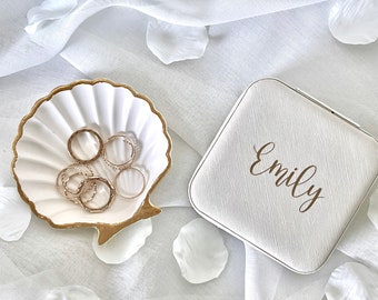 Personalised Jewellery Box & Shell Trinket Dish Combo | Travel Jewellery Case | Bride | Bridal | Hen Party | Wedding | Engagement