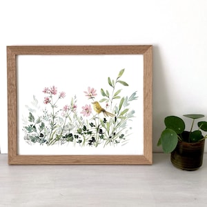 Impresión artística en acuarela, pájaro amarillo y flores rosas, póster A4, decoración mural, arte naturalista
