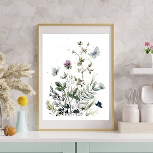 Aquarelkunstprint, klavers en vlinders