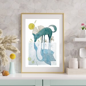 Tirage d'art aquarelle - Le renard bleu et son reflet