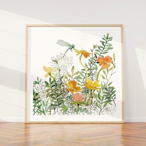 Tirage d'art, libellule et fleurs jaunes, décoration, art naturaliste, peinture animale