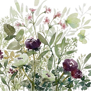 Tirage d'art / carte simple. Aquarelle florale en camaïeu de violet, décoration, botanical art.