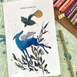 Notebook, love notebook, blue dog kiss illustration