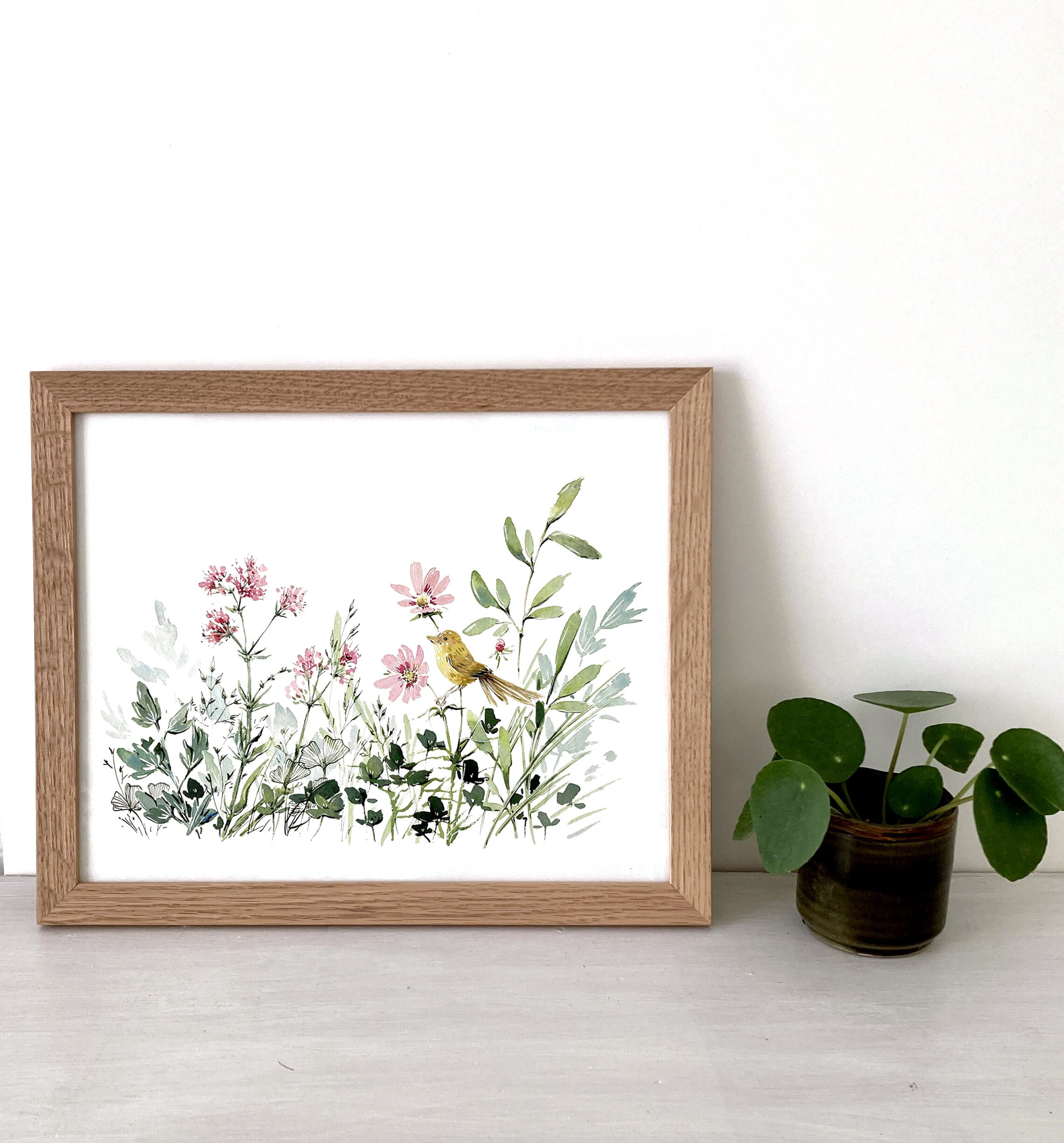 Aquarelle Oiseau Jaune et Fleurs Roses en Tirage d'art sur Papier Haute Qualité, Affiche A4, Décorat