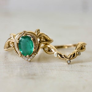 Emerald bridal ring set, 14K gold ring, emerald and diamonds ring, engagement and wedding ring set, art nouveau ring, natural emerald ring image 1