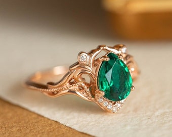 Lab Emerald engagement ring, Unique Proposal ring, Pear emerald ring, Nature inspired ring, Art Nouveau engagement ring, ring for woman