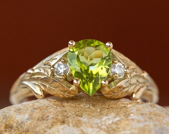 READY TO SHIP, Sizes 5-7Us, Peridot Engagement Ring, Nature Themed Gold Ring with accent Diamond, Nature Inspired Gold Ring