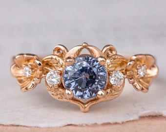 Violett Blauer Saphir Ring mit Blumen & Diamanten, Natur inspirierter alternativer Verlobungsring, Feenbraut Ring 14K / 18K Gold