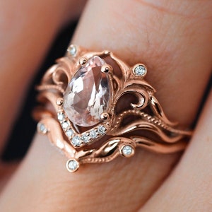 Morganite bridal ring set, morganite and diamonds engagement ring, art nouveau ring, stacking ring set, rose gold engagement, ring for woman