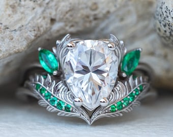 Moissanite and Emeralds Engagement Ring, White Gold Nature Inspired Engagement Ring, Ethical Diamond Engagement Ring in 14k or 18k Gold