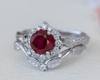 1.5 ct Lab Ruby Nature Inspired Engagement Ring Set - Diamond Halo Ruby Ring and Leafy Wedding band in 14K White Gold, 2 pcs Bridal Set