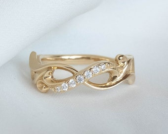 Infinity Wedding Band with Diamonds, 14K or 18K Solid Gold Leaf Scroll Ring, Nature inspired Infinity Ring, Unique Gold Wedding Ring for Her