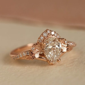 1.1 ct Lab Grown Diamond Nature inspired Fantasy Engagement Ring, Gold Tiny Leaves and Diamonds in 14K 18K Gold, Elvish Rings, Gift for Her