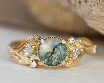 Moss Agate Engagement Ring with accent Diamonds and Leaves, Nature inspired Engagement Ring for Bride, 14k or 18k Gold Diamond Ring